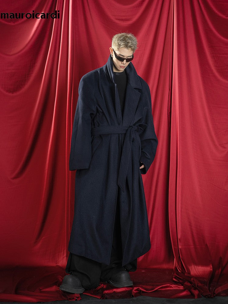 Mauroicardi Autumn Winter Oversized Extra Long Warm Navy Blue Wool Blends Coat Men Loose Luxury Designer Woolen Overcoat 2024