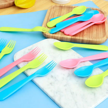 Conjunto de 18 Garfos e Colheres Infantis de PP de Grau Alimentício, Talheres Coloridos Reutilizáveis e Portáteis para Crianças