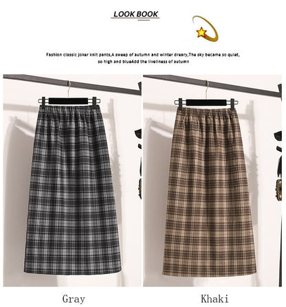 Plus Size Skirt Women 2024 Autumn Winter High Elastic Waist A Line Gray Or Khaki Plaid Skirt Korean Casual Long Skirts Womens