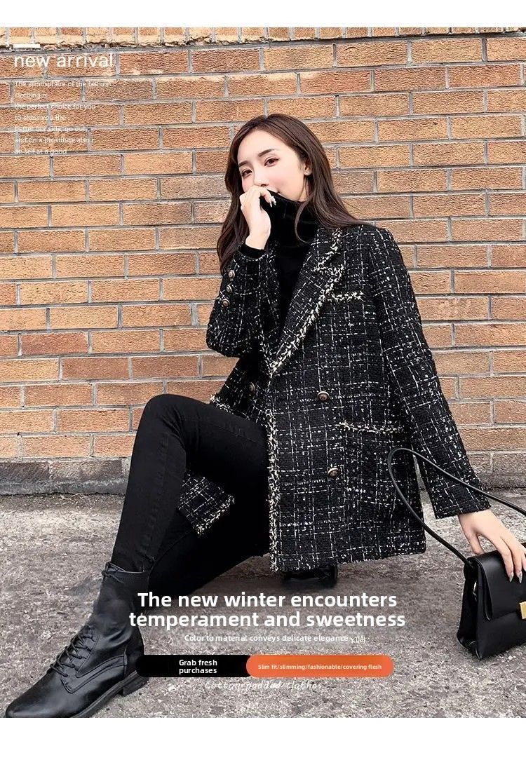 Thickened Cotton Tweed Coat for Women Spring Loose Plaid Outerwear Cozy Style Large Size Patchwork Small Suiting