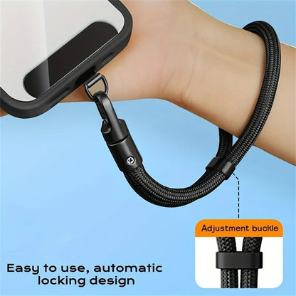 Cordão anti-queda para celular universal ajustável, pulseira curta com design de travamento automático, alça de poliéster durável para celular