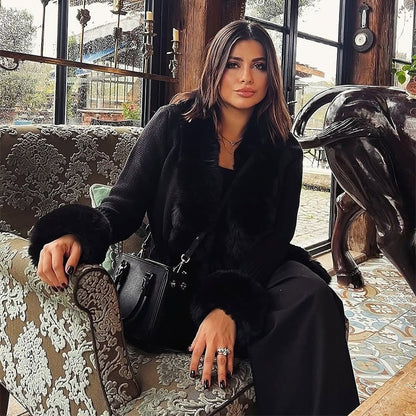 Elegant Knitted Faux Fur Patchwork Women's Coat Thicken Lady Coats 2025 Autumn Winter Chic Female Street Warm Outerwears