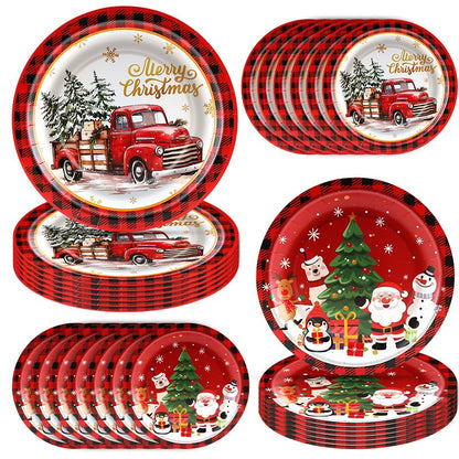 Christmas Theme Party Tableware Red Plaid Christmas Car Disposable Tableware Set Paper Plate Party Decoration Supplies