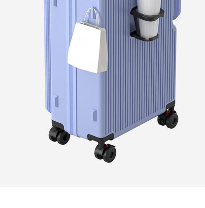 Nova Bagagem com Abertura Frontal de Grande Capacidade, Expansível, Porta-Copos, Carregamento USB, Alça Telescópica e Rodas Universais