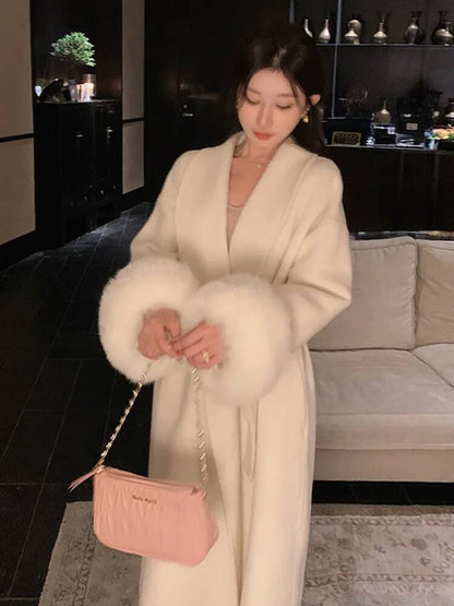 [EWQ] Wool Fox Fur Sleeve Women Coat Elegant Clothing Autumn 2025 Winter Double-sided Jacket Big Size Wine Red Overcoats 16O2751