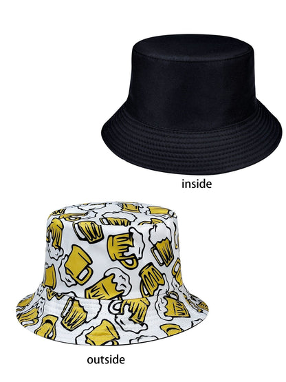 Beer Cheers Party Bucket Hat, Reversible Wear Foldable Lightweight Design,Cartoon Pattern Basin Hat,Unisex Casual Sun Hat for Beach and Festival Party Use