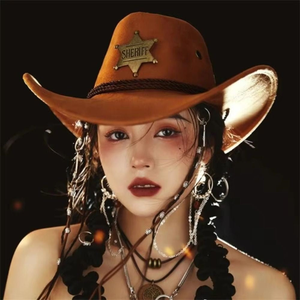 Chapéu Unissex de Cowboy para Praia em Camurça Sintética Aba Larga Proteção Solar Chapéu de Festa Cosplay Chapéu de Jazz Cor Sólida Respirável