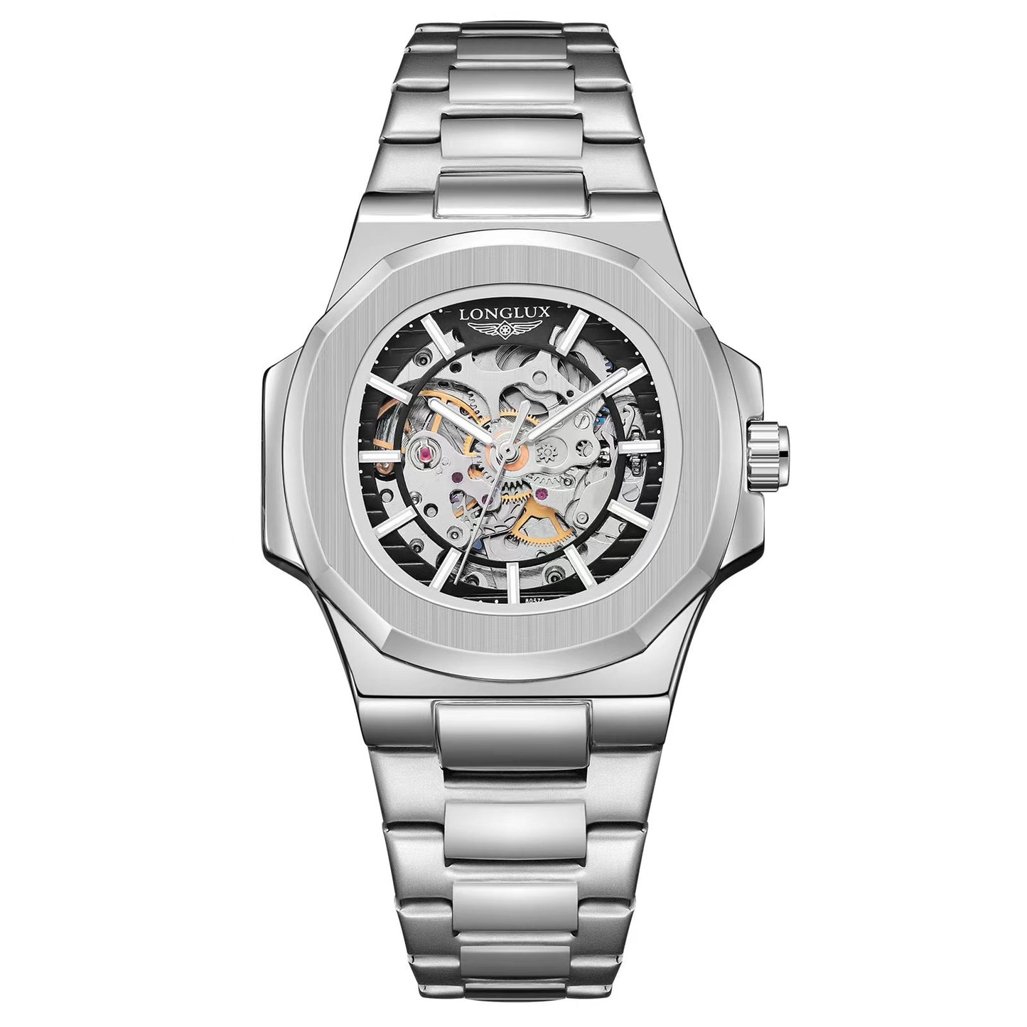 LONGLUX Relógio masculino automático mecânico de luxo à prova d'água esqueleto executivo barato atacado de aço inoxidável relógio de presente
