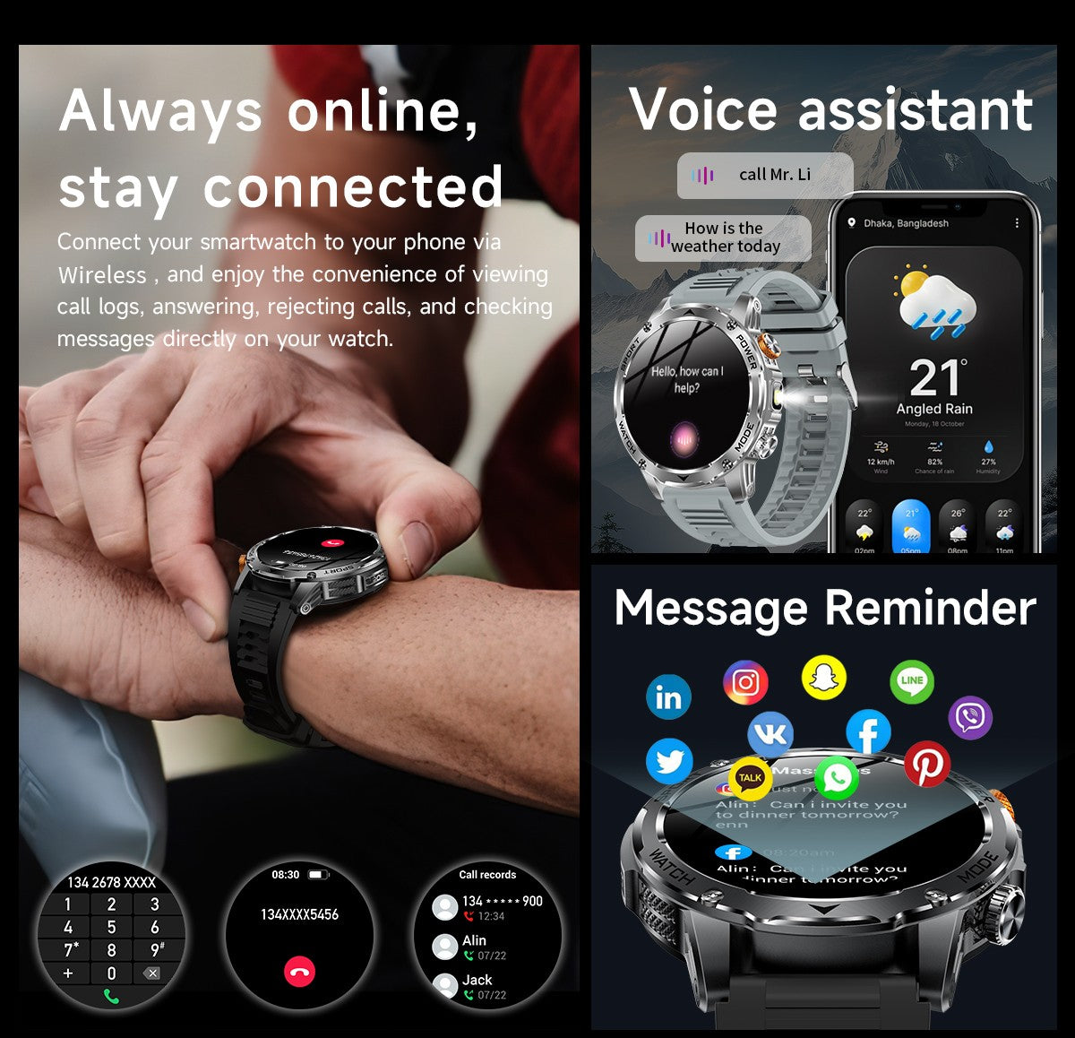 LIGE New Smart Watch Men 1000mAh Large Capacity Battery Outdoor Flashlight Bluetooth Call Waterproof Sport Fitness Smartwatch