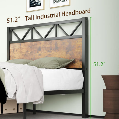 Estrutura de Cama Queen Size, Cabeceira Industrial de 130 cm de Altura, Estrutura de Cama Plataforma Queen com Suporte de Sarrafos de Aço Forte, Ruído F