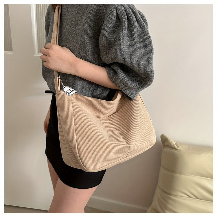 Women’s Corduroy Shoulder Bag Casual Striped Large Capacity Tote with Zipper Closure, Cute Hat Patch, Perfect for Everyday Use