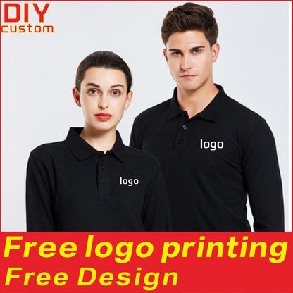 Cotton long sleeved polo shirt, men's and women's breathable spring and autumn T-shirt, printed logo embroidery workwear