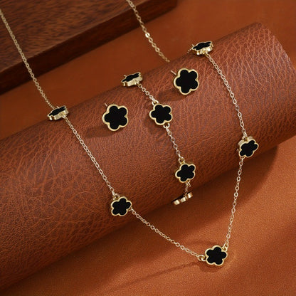 3pçs/conjunto Colar, Pulseira e Brincos de Flor de Cinco Pétalas da Sorte para Mulheres Elegante Trevo Moda Festa Joias Presentes Acessórios