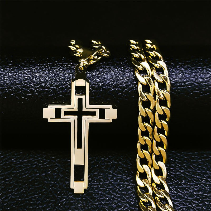 Colares de Aço Inoxidável Cruz Hip Hop 2023 Cor Dourada Colar Longo Pingente para Mulheres/Homens Joias collier homme N6055S05