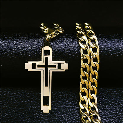 Colares de Aço Inoxidável Cruz Hip Hop 2023 Cor Dourada Colar Longo Pingente para Mulheres/Homens Joias collier homme N6055S05