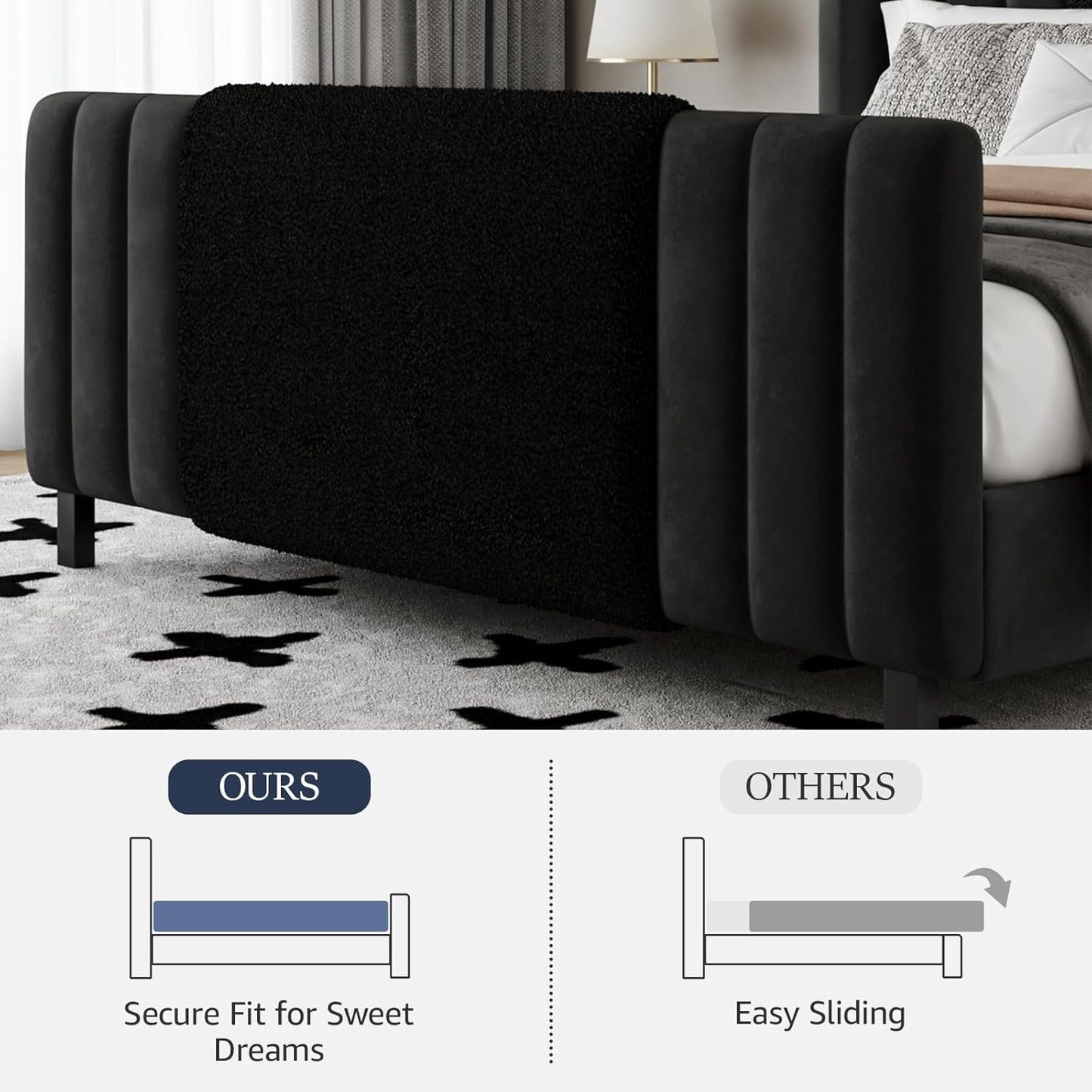 Queen Size Bed Frame with Tall Headboard and Footboard, Boucle and Velvet Upholstered Bed Frame Queen with LED Lights, M