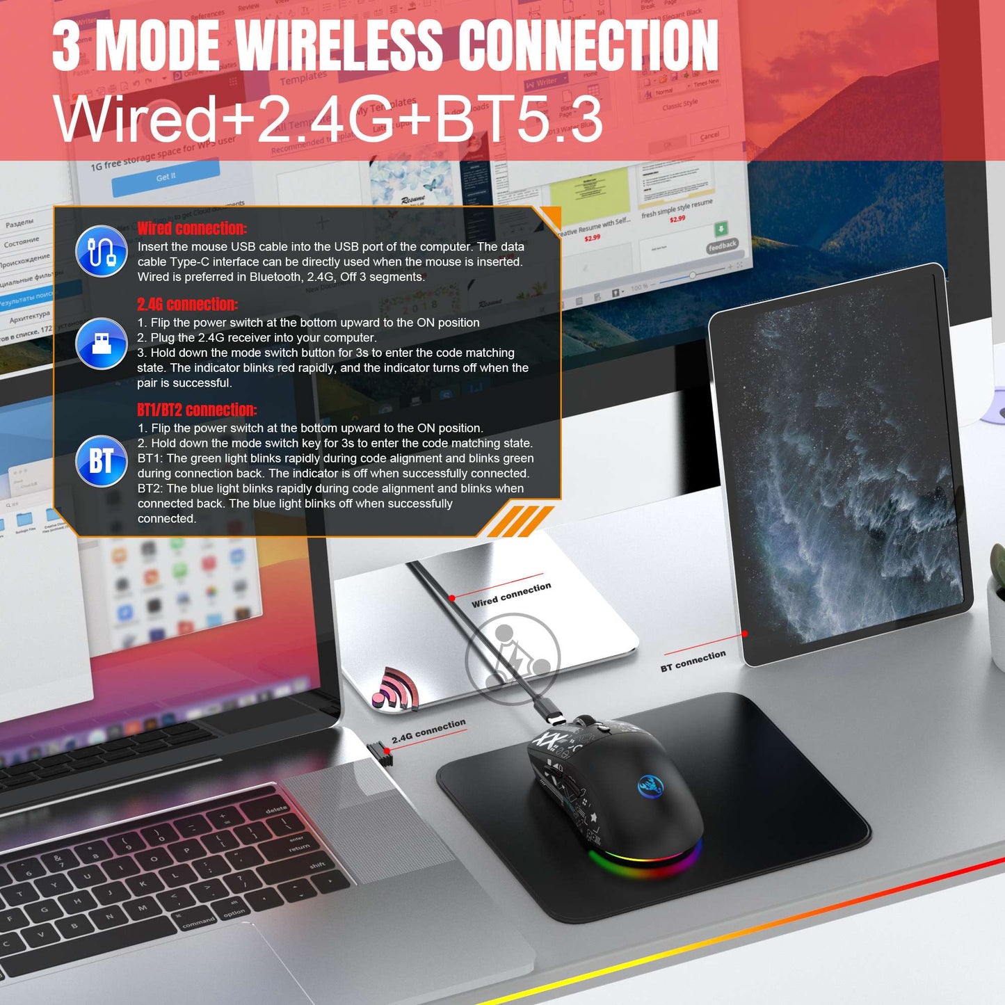 Mouse Bluetooth Sem Fio T90 RGB (BT1/BT2+ USB) 2.4GHz Recarregável Silencioso com Adaptador Tipo C