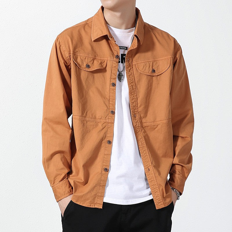 Men Slim Fit Turn-Down Collar Loose Cargo Shrit Spring Autumn Casual Wash Cotton Safari Style Jacket with Multiple Pockets Coat