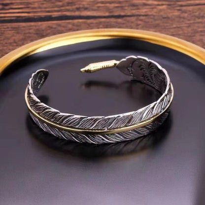 Pulseira Bracelete de Prata Esterlina 925 Pena Flor Dourada Vintage Punk Para Mulheres Homens Joias da Moda Presente Dropship Atacado