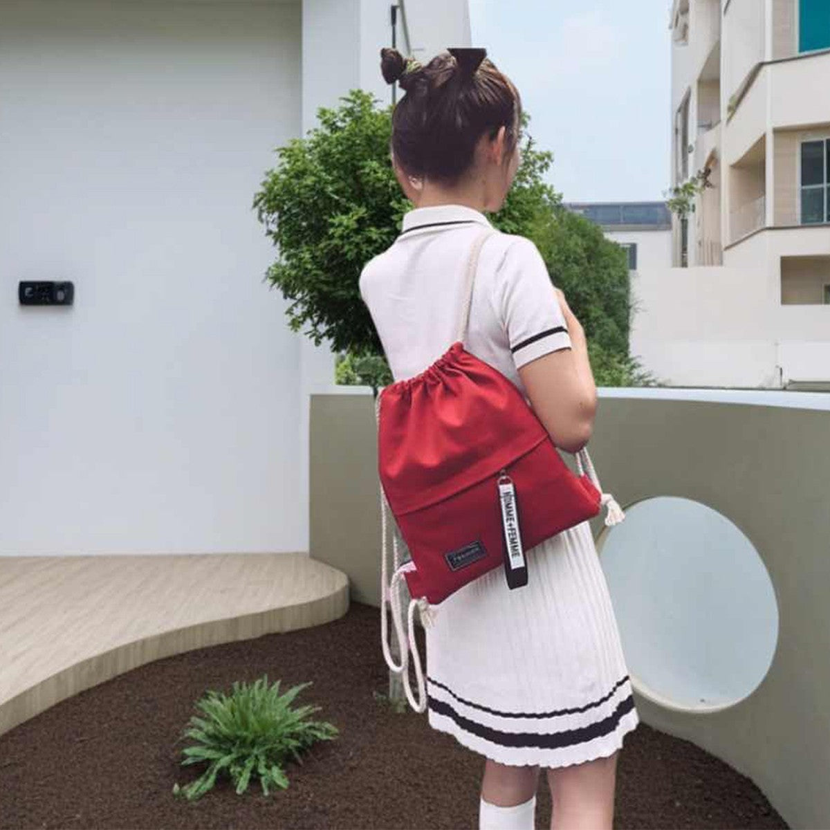 Canvas School Bag Double Shoulder Drawstring Backpack Drawstring Pocket Portable Casual Backpack Women Men Travel Backpack-A-DH