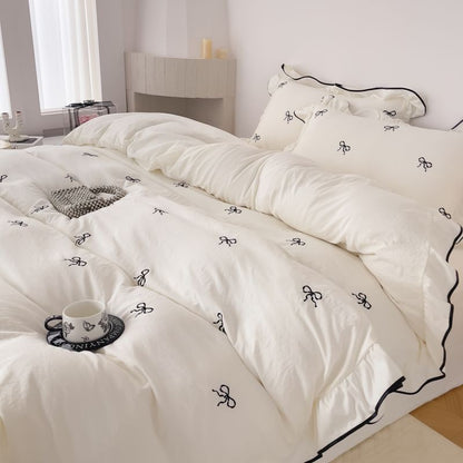 3pcs bow embroidery Bedding set ruffles Duvet Cover Set (1*Duvet Cover + 2*Pillowcase, Without Core)for bedroom guest room