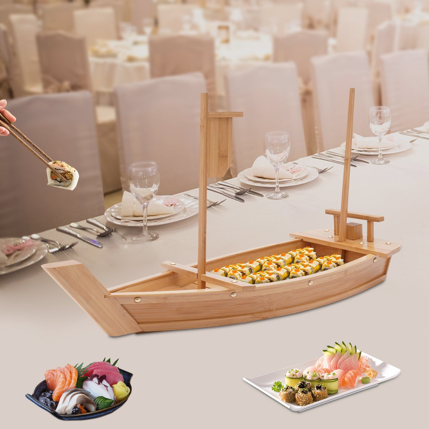 28in Bamboo Sushi Boat Serving Tray, 70cm Log Color Assembly Required Sushi Boat Serving Tray for Business or Personal Parties
