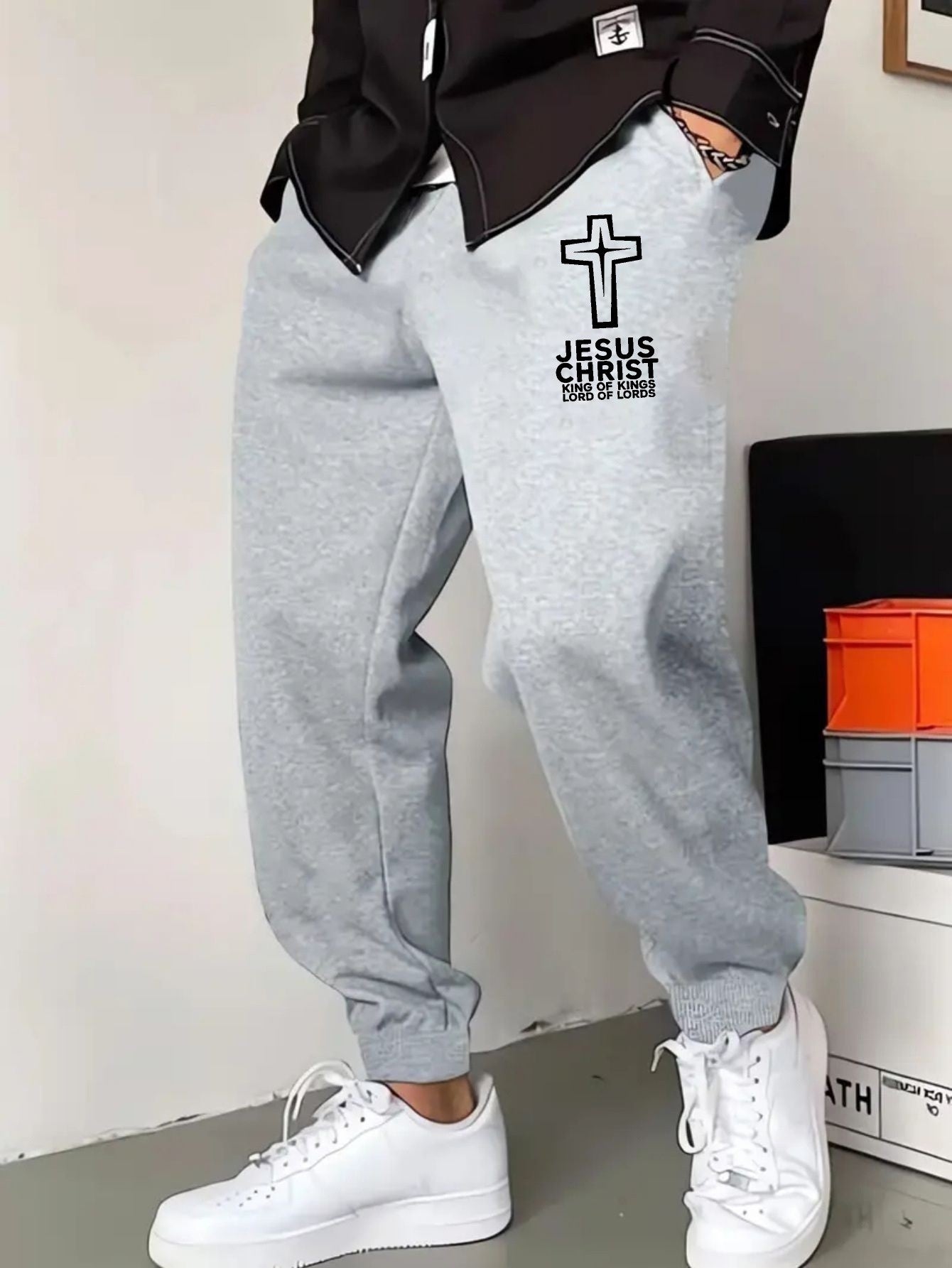 Calças de moletom masculinas com estampa de Jesus Cristo, calças casuais estampadas da moda com cordão, estampa de design de cruz, adequado para uso casual S-3X