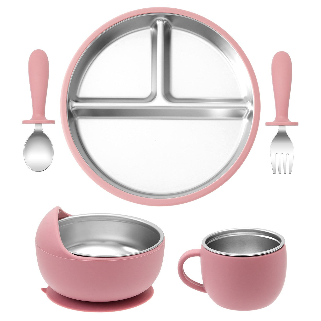 5PCS Stainless Steel Dishes Plate Baby Feeding Set With Detachable Silicone Sucker Bowl BPA Free Infant Fork Spoon Cup Gifts