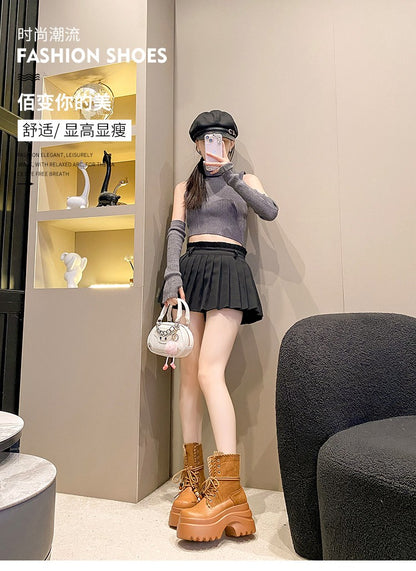 High Platform Women Motorcycle Boots 9CM Wedge Heels Walking Ankle Shoes New 2025 Autumn Winter Lace-up Modern Short Booties