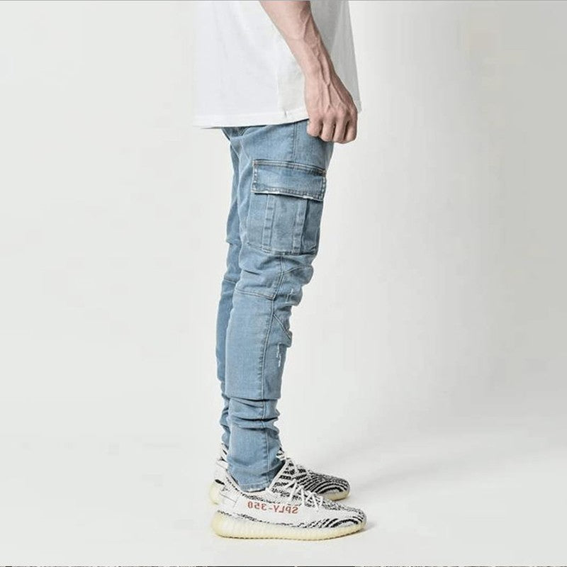 Calça Jeans Masculina Cargo Elástica Slim Fit Masculina Calça Jeans Cor Sólida Multi Bolsos Casual Skinny Calças Masculinas Roupa Masculina