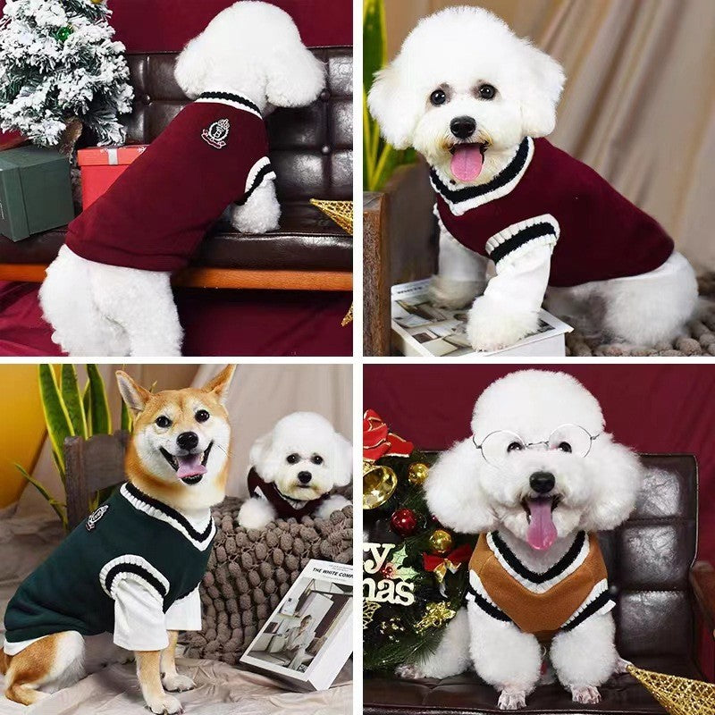 Suéter de Inverno Quentinho para Cães Estilo Colegial Gola V Tricô para Filhotes de Pequeno Porte Colete Roupinhas Jaqueta para Gatinhos