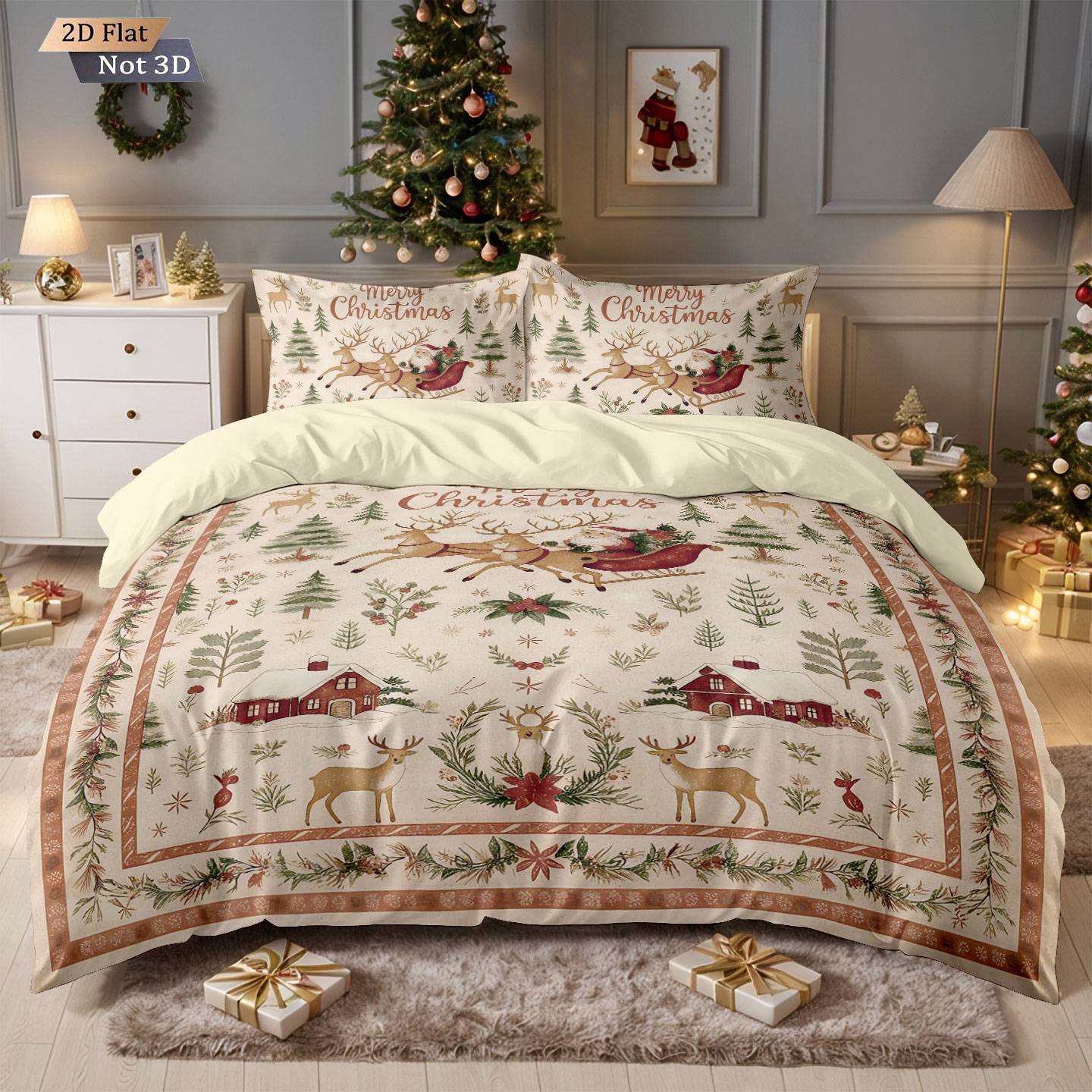 3pcs Santa Claus printed coreless bedding set, multi size bedroom dormitory duvet covers, soft and machine washable decoration