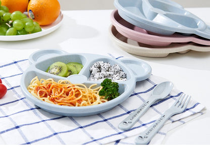 3-Piece Cute Divided Dining Plate for Children's Bowls Solid Color Fork Spoon Sucking Tableware Set with Wheat Material