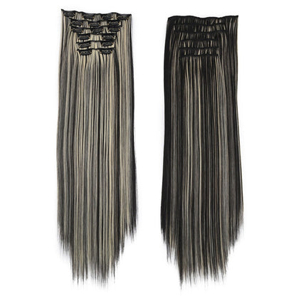 16 Presilhas em Apliques de Cabelo 60cm de Comprimento Liso Penteado Sintético Loiro Preto Perucas Resistente ao Calor Cabelo Falso 6Pçs/Conjunto