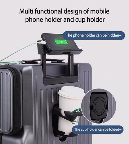 Mala de Viagem Multifuncional de Abertura Dupla de 20 Polegadas em PC com Porta USB, Suporte para Celular e Rodas com Freio, Bagagem de Viagem para Homens e Mulheres