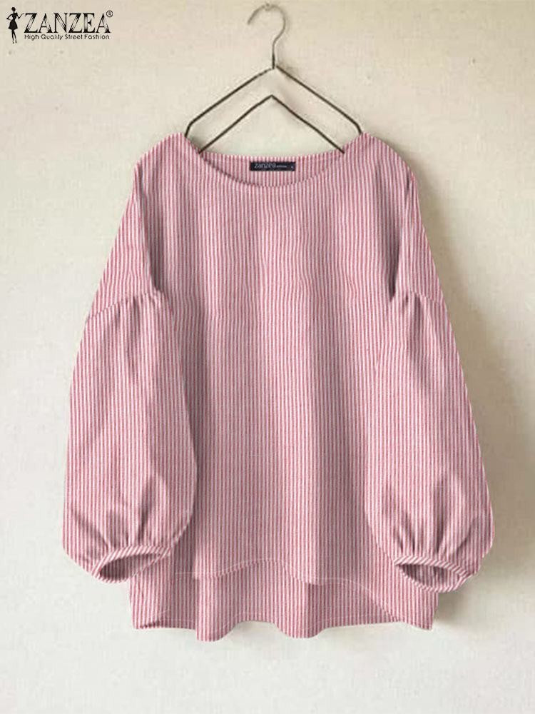 ZANZEA Fashion Striped Work OL Blouse Women Casual O Neck Long Sleeve Loose Shirt Stylish Blusas Vintage Chemise Autumn Tops
