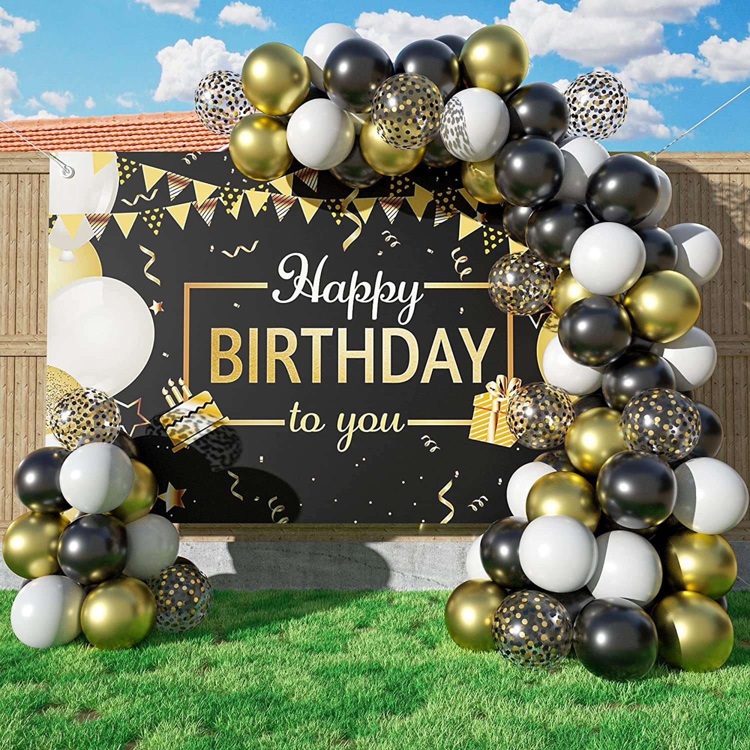 Black and Gold Balloons Garland Arch Kit with Starburst Foil Balloons for Wedding Birthday Family Party Decorations Supplies