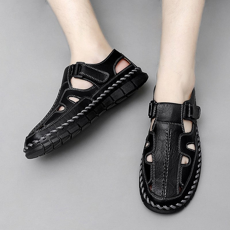 Mens Handmade Casual Leather Sandals Classic Men Beach Shoes Summer Outdoor Walking Male Sneaker Breathable Man Hollow Out Flats