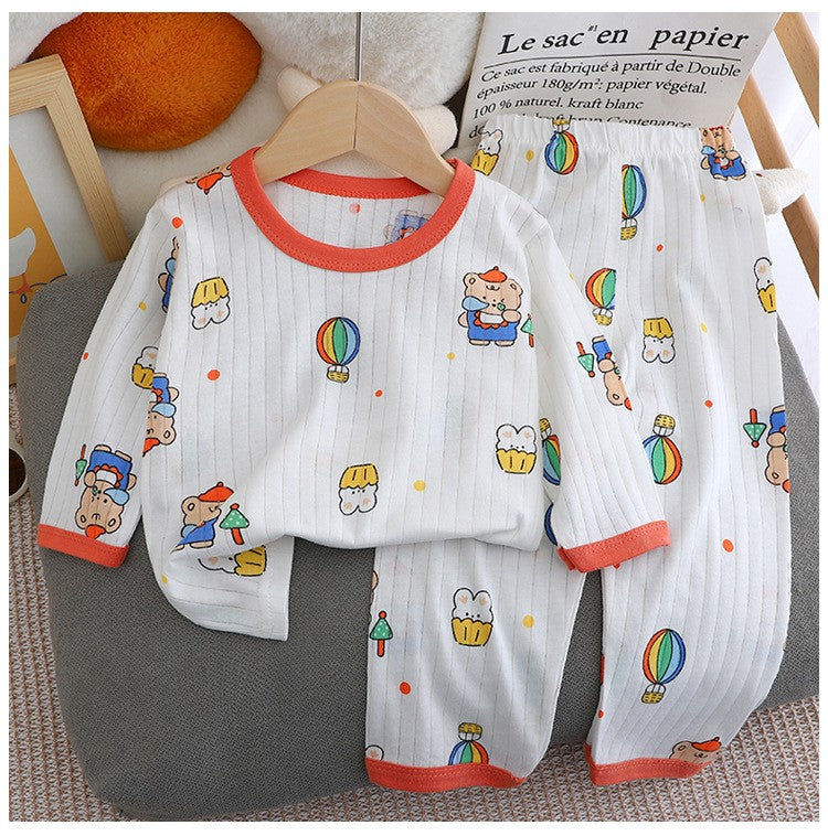 Kids Boys Girls Summer Cotton Thin Pajamas Cute Cartoon Print Long Sleeve T-shirt Tops+Pants Baby Clothing Sets