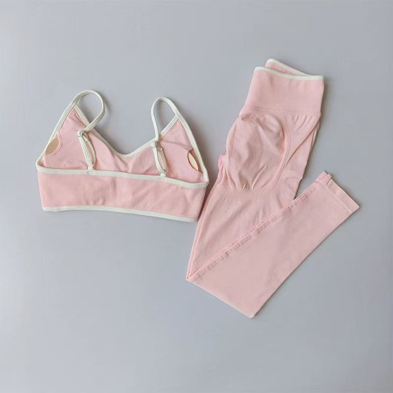 Women's Fitness Suit, Strappy Contrast Color Patchwork Sports Shockproof Slimming Quick-Dry Nude Feel Pants, Yoga Wear