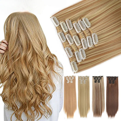16 Presilhas em Apliques de Cabelo 60cm de Comprimento Liso Penteado Sintético Loiro Preto Perucas Resistente ao Calor Cabelo Falso 6Pçs/Conjunto