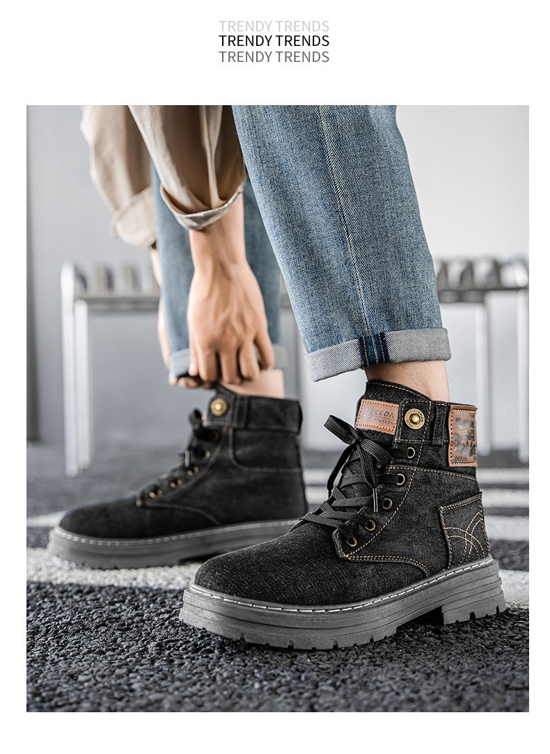 Retro blue men's denim boots, lace-up thick-soled boots, men's ankle boots, casual men's work shoes, Botas Hombre, size 48