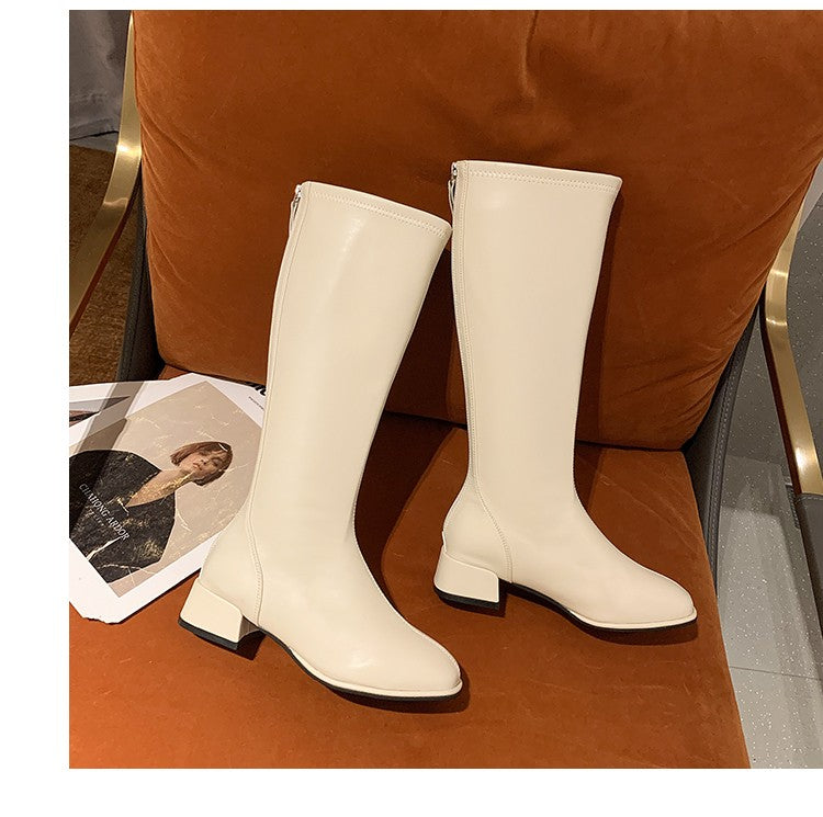 Women Black High Heel Long Boots Fashion Spring Autumn Warm Knee High Boots Soft Leather Thigh High Boots Shoes Zipper