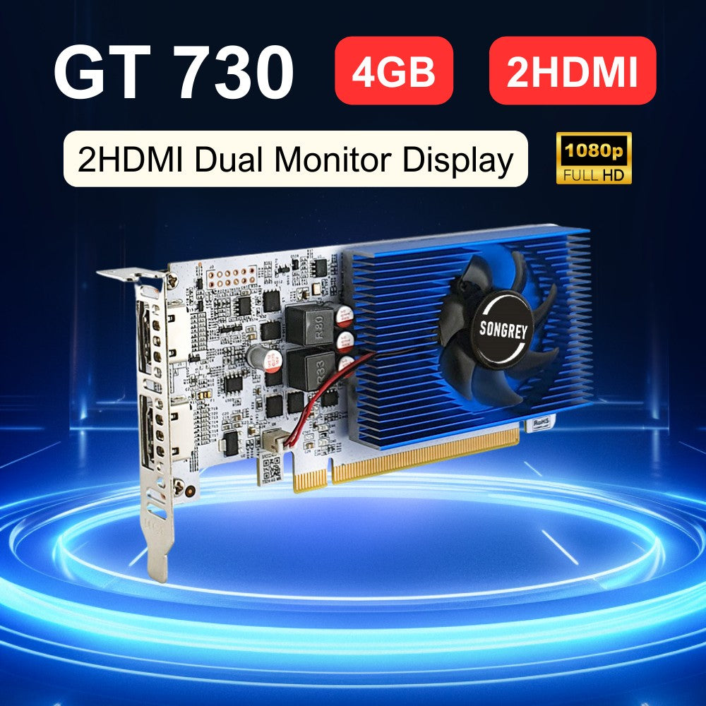 Placa de Vídeo SRhonyra GT730 4GB 1080P GPU Low Profile DDR3 2HDMI 2 Monitores Display PCI-E2.0 16X, GPU para Computador, 1 Ano de Garantia