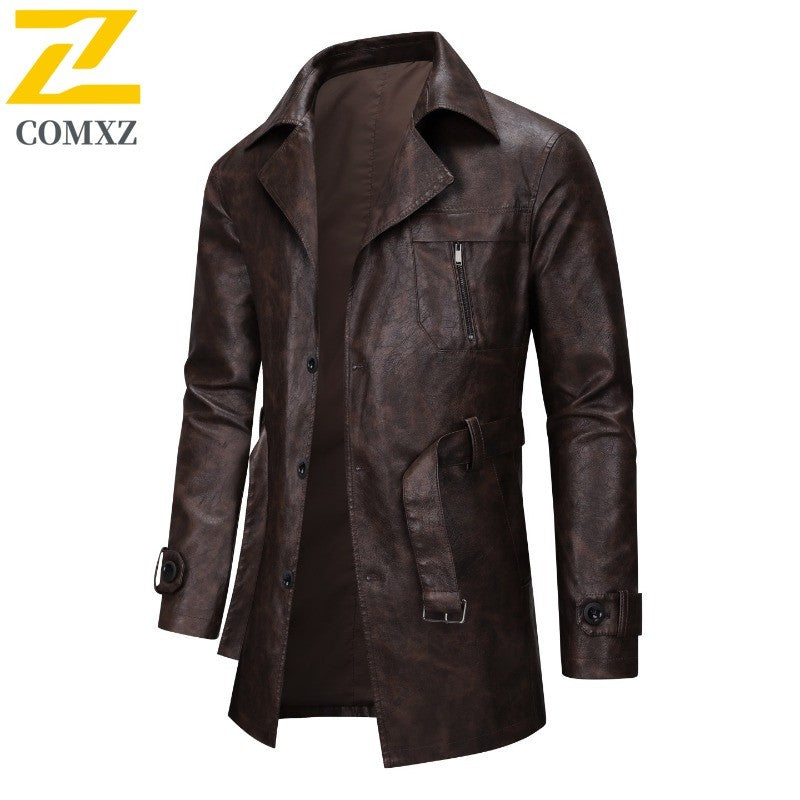 New Mid-length Men's Leather Jacket Spring and Autumn Fashion Functional Lapel PU Jacket Retro Men's Motorcycle Leather Jacket