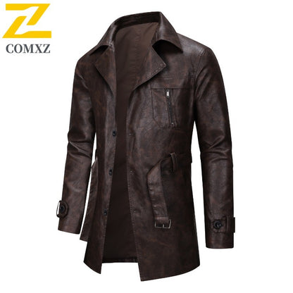 New Mid-length Men's Leather Jacket Spring and Autumn Fashion Functional Lapel PU Jacket Retro Men's Motorcycle Leather Jacket