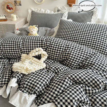 3pcs red,black plaid Duvet Cover Set (1*Duvet Cover + 2*Pillowcase, Without Core), Lace embroidery Bedding Set