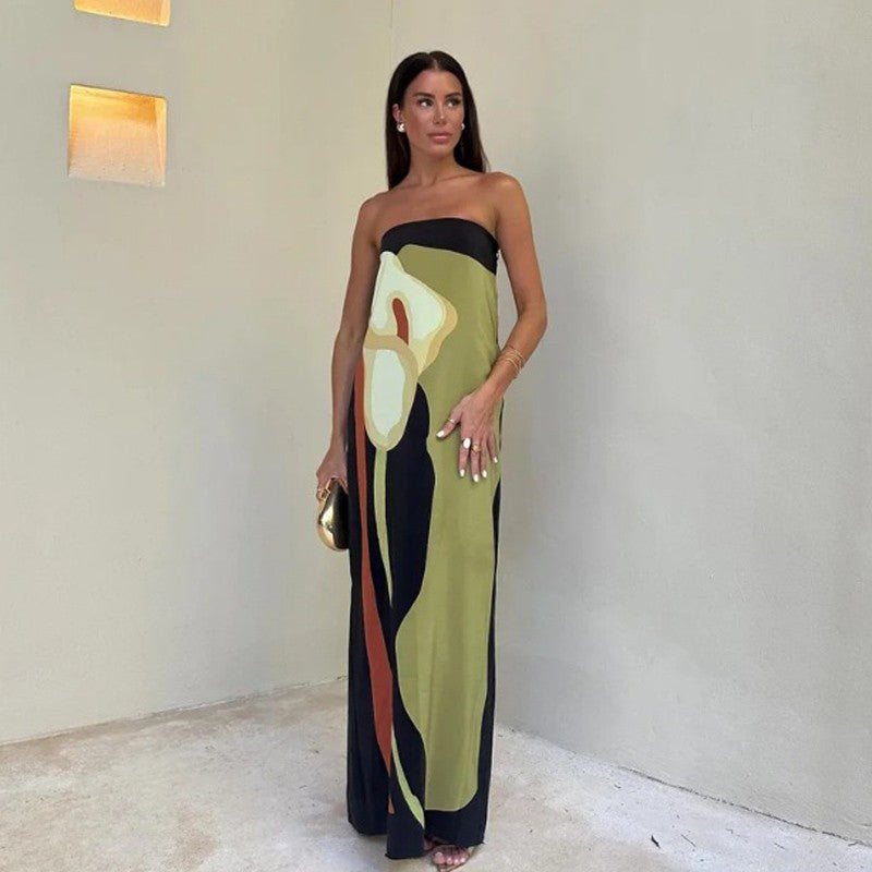 Sexy Strapless Backless Printed Long Dress Women Fashion Sleeveless Off Shoulder