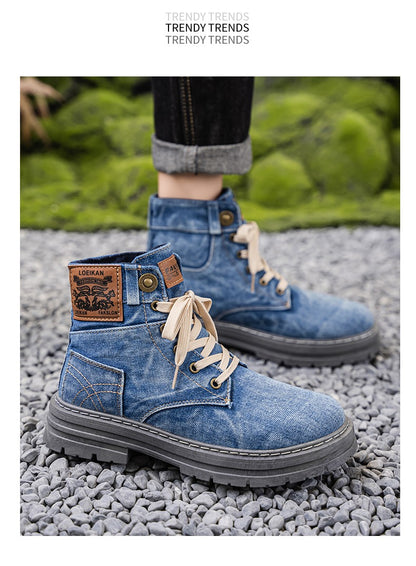 Retro blue men's denim boots, lace-up thick-soled boots, men's ankle boots, casual men's work shoes, Botas Hombre, size 48