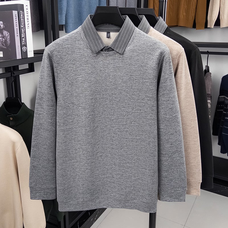 Fake Two-piece Striped Shirt Collar Knitted Sweater Men's Warm and Versatile Casual Woolen Shirt Waffle Top Winter Trend